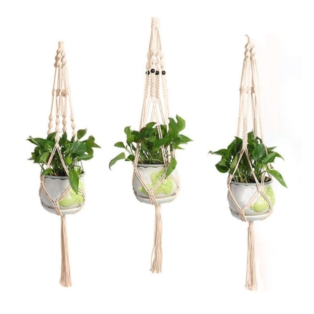 3PC Macrame Hanging Planters | Natural Beige | Cotton Cord | Boho Wall Decor